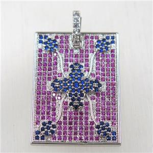 copper rectangle pendant paved zircon, platinum plated, approx 20-25mm [FDZN2661]