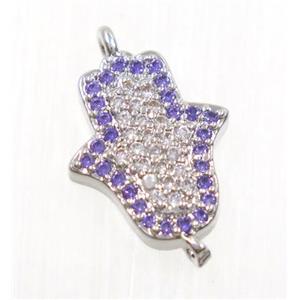 copper hamsahand connector pave zircon, platinum plated, approx 11x13mm [FDZN2692]