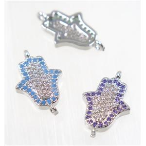 copper hamsahand connector pave zircon, platinum plated, mix, approx 11x13mm [FDZN2693]