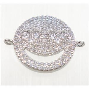 copper Emoji face connector pave zircon, platinum plated, approx 16mm dia [FDZN2714]