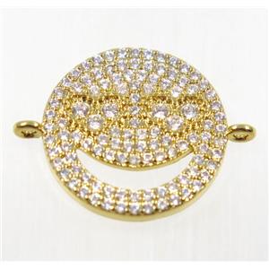 copper Emoji face connector pave zircon, gold plated, approx 16mm dia [FDZN2715]