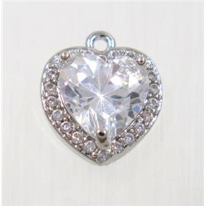 copper heart pendant pave zircon, platinum plated, approx 10mm [FDZN2772]
