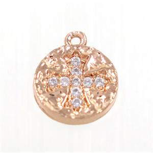 copper button cross pendant pave zircon, rose gold, approx 10mm dia [FDZN2787]