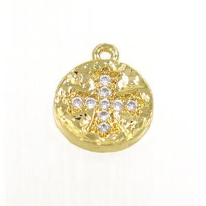 copper button cross pendant pave zircon, gold plated, approx 10mm dia [FDZN2789]