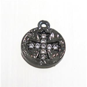 copper button cross pendant pave zircon, black plated, approx 10mm dia [FDZN2790]