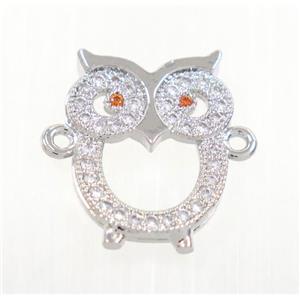 copper owl connector pave zircon, platinum plated, approx 13x18mm [FDZN2835]