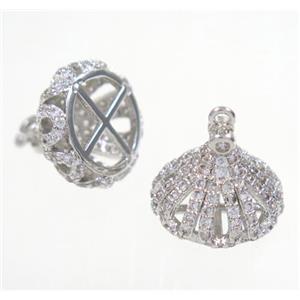 copper tassil bail pendant pave zircon, crown, platinum plated, approx 11-14mm [FDZN2838]