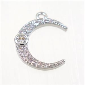 copper crescent moon pendant pave zircon, platinum plated, approx 14mm dia [FDZN2840]