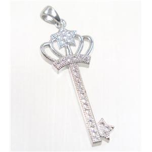 copper crown key pendant pave zircon, platinum plated, approx 15x35mm [FDZN2852]