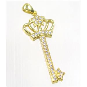 copper crown key pendant pave zircon, gold plated, approx 15x35mm [FDZN2853]