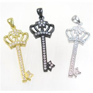 copper crown key pendant pave zircon, mix color, approx 15x35mm [FDZN2855]