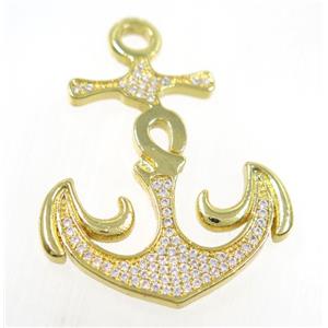 copper anchor pendant pave zircon, gold plated, approx 30-33mm [FDZN2858]