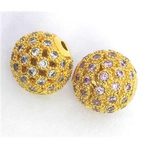 copper bead paved pink zircon, round, gold plated, approx 8mm dia [FDZN287-8MM]