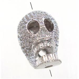 copper skull bead paved zircon, platinum plated, approx 11x17mm [FDZN2904]