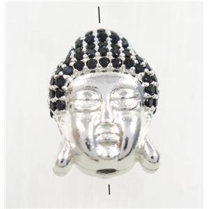 copper buddha bead paved black zircon, silver plated, approx 11.5x16mm [FDZN2915]