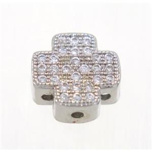 copper cross beads paved zircon, platinum color, approx 10x10mm [FDZN2917]