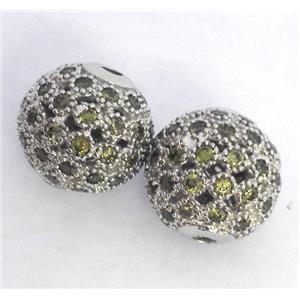 copper bead paved zircon, round, platinum plated, approx 10mm dia [FDZN292-10MM]