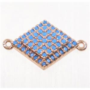 copper rhombic connector paved zircon, rose gold, turq, approx 12x14mm [FDZN2978]