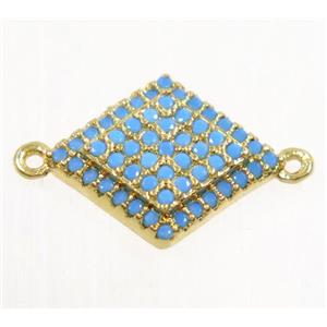 copper rhombic connector paved zircon, gold plated, turq, approx 12x14mm [FDZN2980]