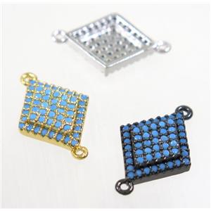 copper rhombic connector paved zircon, mix color, turq, approx 12x14mm [FDZN2982]