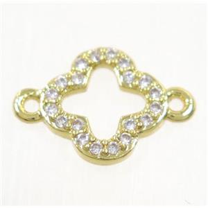 copper four-leaf Clover connector paved zircon, gold plated, approx 10mm dia [FDZN2993]