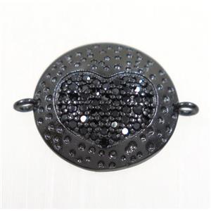 copper button heart connector paved zircon, black plated, approx 14mm dia [FDZN3024]