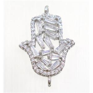 copper Hamsahand connector paved zircon, platinum plated, approx 15x17mm [FDZN3042]