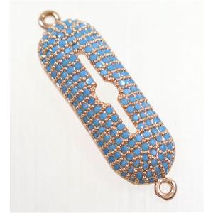 copper rectangle connector paved zircon, rose gold, turq, approx 9x25mm [FDZN3056]