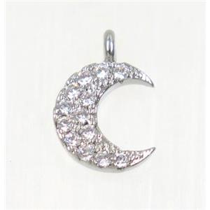 copper Crescent moon pendant paved zircon, platinum plated, approx 8.5mm dia [FDZN3062]