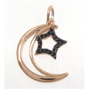 copper Moon pendant paved zircon with star, rose gold, approx 14x17mm [FDZN3107]