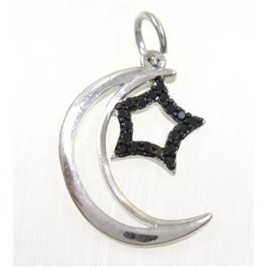 copper Moon pendant paved zircon with star, platinum plated, approx 14x17mm [FDZN3108]
