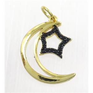 copper Moon pendant paved zircon with star, gold plated, approx 14x17mm [FDZN3109]