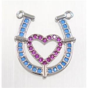 copper LOVE-U pendant paved zircon with 2loops, platinum plated, approx 14x16mm [FDZN3117]
