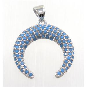 copper Crescent moon pendant paved zircon, platinum plated, turq, approx 20mm dia [FDZN3121]