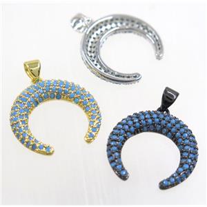 copper Crescent moon pendant paved zircon, mix color, turq, approx 20mm dia [FDZN3124]
