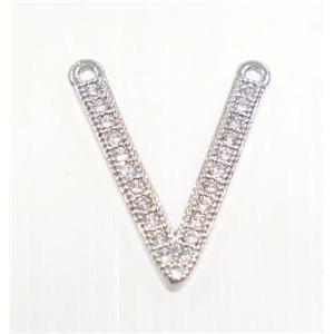 copper V pendant paved zircon with 2loops, platinum plated, approx 12x15mm [FDZN3126]