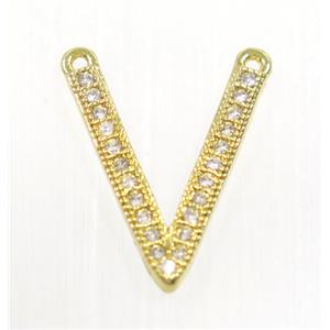 copper V pendant paved zircon with 2loops, gold plated, approx 12x15mm [FDZN3127]