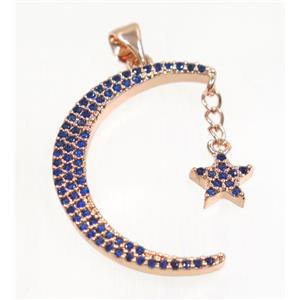 copper Crescent Moon pendant paved zircon with star, rose gold, approx 20x27mm [FDZN3168]