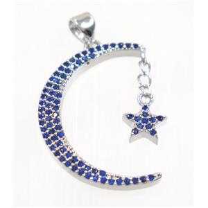 copper Crescent Moon pendant paved zircon with star, platinum plated, approx 20x27mm [FDZN3169]