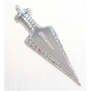 copper Arrowhead pendant paved zircon, platinum plated, approx 10x30mm [FDZN3179]