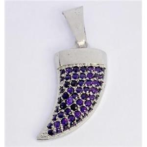 Copper pendant paved zircon, cattle horn, platinum plated, approx 8x20mm [FDZN319]