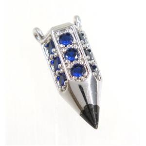 copper Arrowhead pendant paved blue zircon with 2loops, platinum plated, approx 6.5x16mm [FDZN3193]