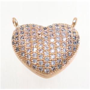 copper Heart pendant paved zircon with 2loops, rose gold, approx 15x17mm [FDZN3197]