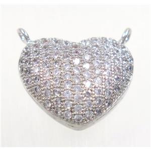 copper Heart pendant paved zircon with 2loops, platinum plated, approx 15x17mm [FDZN3198]