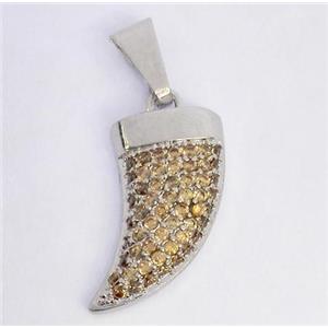 Copper pendant paved zircon, cattle horn, platinum plated, approx 8x20mm [FDZN320]