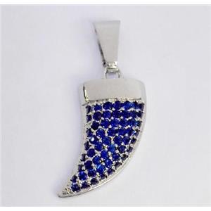 Copper pendant paved zircon, cattle horn, platinum plated, approx 8x20mm [FDZN321]