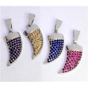 Copper pendant paved zircon, cattle horn, platinum plated, approx 8x20mm [FDZN323]