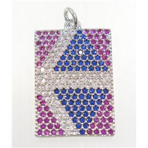 copper rectangle pendant paved zircon, platinum plated, approx 15x23mm [FDZN3232]