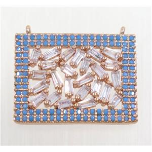 copper rectangle pendant paved zircon with 2loops, rose gold, turq, approx 16x20mm [FDZN3236]