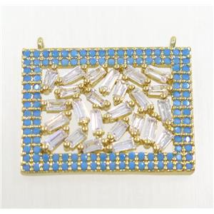 copper rectangle pendant paved zircon with 2loops, gold plated, turq, approx 16x20mm [FDZN3238]